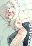  1boy 1girl bed bed_sheet blush cuddling hetero highres long_hair lying midriff on_bed on_side ooshima_towa original pillow 