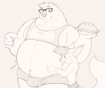 2021 4_fingers anthro atimist belly belly_rub big_belly big_bulge biped blep bulge burger canid canine clothing digital_drawing_(artwork) digital_media_(artwork) duo eyewear fingers food fox glasses greyscale hair hi_res holding_burger holding_food holding_object larger_anthro larger_male looking_at_another looking_at_belly male mammal monochrome moobs mosin mosin_(character) mustelid navel obese obese_anthro obese_male onomatopoeia otter overweight overweight_anthro overweight_male size_difference sloshing_belly smaller_anthro smaller_male smile sound_effects standing tail text thick_thighs tongue tongue_out topwear underwear vest