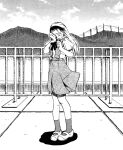  1girl arm_up choppy_bangs cloud cross cross_earrings crying earrings greyscale hair_ornament hairband hand_up jewelry long_hair marie_vincennes monochrome mountain mountainous_horizon neck_ribbon neon_genesis_evangelion non-web_source official_art on_roof power_lines railing ribbon rooftop school_uniform shirt shoes short_sleeves skirt sky socks solo standing suspender_skirt suspenders tears the_nerv_white_paper tokyo-3_middle_school_uniform transmission_tower wiping_tears 