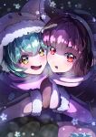  2girls :d animal_ear_hood blunt_bangs blush brown_hair coat green_hair hair_between_eyes headgear holding_hands hood hoodie japanese_clothes kimono long_sleeves looking_at_viewer multiple_girls open_mouth red_eyes scarf short_hair signature smile snowflakes snowing touhoku_kiritan voiceroid voicevox winter_clothes winter_coat yatsuho_yamabiko yellow_eyes zundamon 