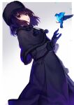  1girl absurdres bird black_capelet black_dress black_eyes black_gloves black_hair blue_bird capelet cowboy_shot dress eyes_visible_through_hair fate/grand_order fate_(series) fur-trimmed_capelet fur_hat fur_trim gloves hair_between_eyes hat highres kuonji_alice long_dress long_sleeves looking_at_viewer lost_robin_rondo mahou_tsukai_no_yoru short_hair tsukudani_(ore624) ushanka 