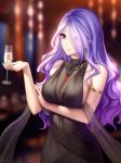  alcohol bare_shoulders black_dress blue_hair breasts camilla_(fire_emblem_if) champagne champagne_flute cleavage collarbone cosplay crossed_arms cup dress drinking_glass dsr-50_(girls_frontline) dsr-50_(girls_frontline)_(cosplay) earrings fire_emblem fire_emblem_heroes fire_emblem_if formal gigamessy girls_frontline hair_over_one_eye jewelry large_breasts long_hair purple_eyes purple_hair see-through sideboob solo upper_body wavy_hair wine wine_glass 