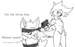  andromorph anthro avian bird blindfold blush boy_kisser_(meme) duo english_text felid feline female gun gunpoint hair intersex male mammal meme ranged_weapon restrained restrained_arms text weapon 