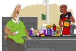  2015 anthro beverage biped blush bodily_fluids brown_body brown_fur canid canine canis clothed clothing domestic_dog duo embarrassed fur green_clothing green_shirt green_topwear lagomorph leporid looking_away male mammal mika_(mikalapine) mikalapine overweight overweight_anthro overweight_male polo_shirt rabbit shirt shopping_cart short_tail soda store sweat sweatdrop tail tan_body tan_fur topwear 