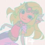  1girl artist_name back bellhenge belt blonde_hair blue_eyes blush dress floating_hair gloves jewelry long_dress long_hair looking_at_viewer multicolored_hair necklace pink_dress princess_zelda skirt_hold solo the_legend_of_zelda the_legend_of_zelda:_spirit_tracks the_legend_of_zelda:_the_wind_waker tiara toon_zelda 