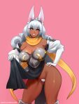 2024 animal_humanoid armwear big_breasts blue_eyes breasts brown_body brown_skin clothed clothing clothing_lift crown detached_sleeves dress dress_lift eyelashes fairy_tail female grey_hair grey_pubes hair hand_on_hip headgear hi_res humanoid lagomorph lagomorph_humanoid leporid_humanoid long_eyelashes looking_at_viewer mammal mammal_humanoid naturally_censored nofuture pubes rabbit_humanoid solo standing swan_(fairy_tail) tiara