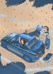  2girls blue_car blue_pants brown_hair car commentary glasses grey_shirt hara_(pencilpen) highres looking_up motor_vehicle multiple_girls open_mouth original pants rain road shirt sitting standing 