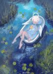  1girl angel angel_wings bare_legs barefoot bathtub closed_eyes dress full_body grass halo hidari_(nanmu-left) highres lily_pad long_hair nature original outdoors partially_submerged plant ripples rubber_duck solo spaghetti_strap stream twitter_username water white_dress white_hair wings 