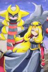  1girl black_dress black_eyes blonde_hair closed_mouth commentary_request cynthia_(pokemon) cynthia_(sygna_suit)_(renegade)_(pokemon) dress frown giratina giratina_(altered) hair_over_one_eye highres long_hair open_mouth pokemon pokemon_masters_ex red_eyes red_sleeves speedy_(pkh) tiara traditional_media v-shaped_eyebrows wings 