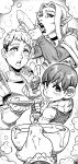 1girl 3boys bowl cheekbones chilchuck_tims dungeon_meshi eating food greyscale highres ireading laios_touden licking_plate marcille_donato monochrome multiple_boys pie pointy_ears pov senshi_(dungeon_meshi) 