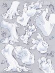 5_toes ambiguous_form ambiguous_gender artist_name claws disembodied_foot feet hi_res humanoid_feet monochrome pawpads plantigrade rayliicious simple_background sketch_page solo spread_toes text toe_claws toes url