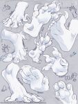  5_toes ambiguous_form ambiguous_gender artist_name claws disembodied_foot feet hi_res humanoid_feet monochrome pawpads plantigrade rayliicious simple_background sketch_page solo spread_toes text toe_claws toes url 