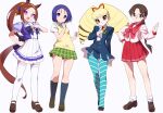  4girls animal_ears black_socks blonde_hair blue_dress blue_eyes blue_hair blue_pantyhose blue_shirt braid braided_ponytail brown_eyes brown_hair dress drill_hair flower-shaped_pupils glass glasses green_skirt high_ponytail horse_ears horse_girl hoshina_tomoko kaidou_zx long_hair luna_platz_(mega_man) mega_man_(series) mega_man_star_force miniskirt multiple_girls pantyhose pleated_skirt purple_eyes red_skirt sairenji_haruna sakura_bakushin_o_(umamusume) shirt short_hair simple_background skirt socks standing symbol-shaped_pupils thighhighs to_heart to_heart_(series) to_love-ru twin_drills umamusume very_long_hair white_background white_skirt white_thighhighs yellow_shirt 