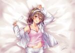  1girl absurdres arm_up bed_sheet blush breasts brown_eyes brown_hair chakuma_(yiyh1468) cleavage collarbone cup drinking_glass from_above fur-trimmed_jacket fur_trim hairband highres holding holding_cup jacket looking_at_viewer lying medium_breasts navel on_back parted_lips pink_shirt shirt short_hair shorts signature single_off_shoulder solo white_hairband white_jacket white_shorts wine_glass yahari_ore_no_seishun_lovecome_wa_machigatteiru. yukinoshita_haruno 
