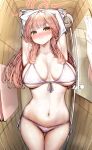  1girl absurdres armpits arms_up aru_(blue_archive) bikini blue_archive blush breasts brown_horns commentary demon_horns front-tie_bikini_top front-tie_top halo highres horns kagi_f large_breasts long_hair looking_at_viewer navel nose_blush pink_hair pink_halo shower_head side-tie_bikini_bottom smile solo standing swimsuit undressing white_bikini yellow_eyes 