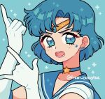  1girl bishoujo_senshi_sailor_moon blue_background blue_choker blue_eyes blue_hair blue_sailor_collar choker earrings emily_kim gloves halftone_texture inner_senshi jewelry mizuno_ami open_mouth sailor_collar sailor_mercury sailor_senshi sailor_senshi_uniform short_hair simple_background sparkle sparkling_eyes star_(symbol) star_choker tiara twitter_username white_gloves 