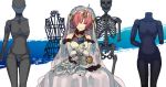  blue_flower blue_rose bridal_veil closed_eyes dress fate/grand_order fate_(series) flower frankenstein's_monster_(fate) head_tilt headgear highres holding holding_flower horn madara-ame mannequin pink_hair rose short_hair skeleton smile solo veil wedding_dress 