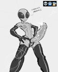  2024 4:5 alien alien_humanoid armwear breasts clothing dialogue elbow_gloves emoji english_text female genitals gloves greyscale hands_on_hips handwear humanoid legwear monochrome nipples not_furry portrait profannytea pussy roswell_grey sketch solo standing strapon text thigh_highs three-quarter_portrait 