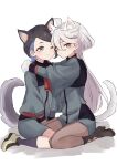  2girls animal_ears asticassia_school_uniform black_hair blue_eyes blue_hair cat_ears cat_girl cat_tail dog_ears dog_girl dog_tail grey_eyes gundam gundam_suisei_no_majo highres hug long_hair looking_at_another looking_at_viewer mametaka_0216 miorine_rembran multicolored_hair multiple_girls nika_nanaura one_eye_closed pantyhose school_uniform shoes short_hair shorts simple_background sitting smile socks tail wariza white_background white_hair yuri 