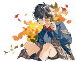  1boy ahoge autumn_leaves black_hair blue_eyes commentary english_commentary glasses kyouichi leaf male_focus maple_leaf medium_hair original plaid simple_background solo sweater teeth white_background 