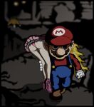  1boy 1girl ass blonde_hair blue_eyes bowser brown_hair carrying_over_shoulder claws dress facial_hair gloves glowing glowing_eyes hat high_heels legs long_hair mario mario_(series) mustache night night_sky nintendo non-web_source overalls panties pink_dress pink_panties princess_peach serious sky super_mario_bros._1 underwear upskirt walking_towards_viewer white_panties 