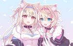  2girls :3 black_coat black_jacket blonde_hair blue_eyes blue_hair breasts cleavage coat collarbone crop_top cropped_jacket cropped_shirt crossed_bangs dog_girl dress fangs flat_chest fur-trimmed_jacket fur_trim fuwawa_abyssgard fuwawa_abyssgard_(1st_costume) gradient_background hair_ornament highres hololive hololive_english jacket large_breasts long_hair looking_at_viewer maerchen_noir mococo_abyssgard mococo_abyssgard_(1st_costume) multicolored_hair multiple_girls pendant_choker pink_eyes pink_hair polka_dot polka_dot_background shirt short_hair siblings sisters skin_fangs smile streaked_hair twins two-tone_hair two_side_up upper_body virtual_youtuber white_dress white_shirt x_hair_ornament 