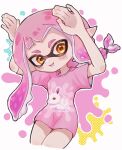  1girl arms_up commentary_request highres inkling inkling_girl inkling_player_character long_hair open_mouth pink_hair pink_shirt pointy_ears print_shirt shirt smile solo splatoon_(series) splatoon_3 tebasaki_(teba_illust) tentacle_hair white_background yellow_eyes 