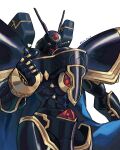  alphamon armor black_armor blue_cape cape digimon digimon_(creature) gem heart helmet highres horns kira_(kira_dra) looking_at_viewer no_humans one_eye_closed outstretched_arm red_gemstone shoulder_armor simple_background solo twitter_username white_background wink_star yellow_eyes 