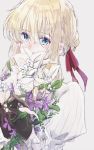  blonde_hair blue_eyes braid flower gloves hair_between_eyes hair_ribbon holding miharuko_(kopera) red_ribbon ribbon solo violet_(flower) violet_evergarden violet_evergarden_(character) 