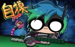  1girl :3 alter_(apex_legends) apex_legends artist_name black_gloves black_sclera blue_hair cartoonized chibi chinese_commentary colored_sclera gloves gradient_hair green_hair highres mahjong mechanical_tentacles miyan_(oceanmaiden) multicolored_hair pink_gloves shadow smile solo toon_(style) two-tone_gloves v-shaped_eyebrows white_eyes 