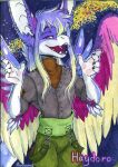 anthro clothed clothing dragon fur hair hi_res looking_at_viewer male mythological_creature mythological_scalie mythology open_mouth rinkamo scalie signature simple_background smile solo traditional_media_(artwork) wings 
