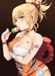  1girl arm_tattoo arm_under_breasts black_background blonde_hair blush bracelet breasts butterfly_choker chest_sarashi chest_tattoo choker cleavage dango eating food genshin_impact hadanugi_dousa hair_ornament japanese_clothes jewelry kauru00 kimono large_breasts looking_at_viewer medium_hair orange_eyes orange_kimono ponytail pouch red_choker rope sanshoku_dango sarashi sash shimenawa short_kimono single_bare_shoulder tattoo upper_body vision_(genshin_impact) wagashi yoimiya_(genshin_impact) 