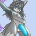  1:1 anthro armpit_fetish balls big_penis blue_eyes blue_penis blush blush_lines canid canine canis curtains_open genitals glistening grey_body grey_hair hair hi_res lonelywolfyboi lonelywolfyboi_(character) long_hair looking_at_viewer male mammal navel nude penis shaded soft_shading solo tongue tongue_out wolf 