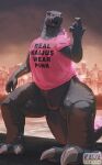  animal_genitalia anthro anus biped bottomless bottomless_anthro city city_background claws clothed clothing cloud drakawa english_text finger_claws genital_slit genitals glowing glowing_eyes godzilla_(2014) godzilla_(series) grey_body grey_scales kaiju male pink_clothing pink_eyes pink_shirt pink_topwear scales scalie shaded shirt sky solo tail text thick_tail toe_claws toho tongue tongue_out topwear water watermark 