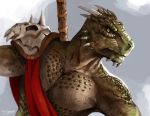  7theaven anthro argonian armor bust_portrait clothing dutch_angle green_scales male muscular pauldron pecs portrait scales scalie skull solo tan_scales the_elder_scrolls video_games weapon yellow_eyes 