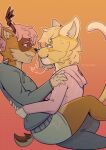 absurd_res ambiguous_gender anthro azik blonde_hair bottomwear clothed clothing deer duo embrace face_to_face felid feline female hair hi_res hoodie horn hug inner_ear_fluff kneeling mammal pants pink_hair shorts simple_background sitting skirt smile tail text topwear tuft