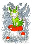  2016 anisis beak feathers green_beak green_feathers green_sclera mushroom paws red_eyes sitting traditional_media_(artwork) unknown_species 