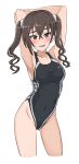  1girl absurdres arms_behind_head ass_visible_through_thighs black_one-piece_swimsuit breasts brown_eyes brown_hair cowboy_shot hair_between_eyes highleg highleg_swimsuit highres idolmaster idolmaster_cinderella_girls long_hair looking_at_viewer medium_breasts mole mole_under_eye one-piece_swimsuit sharp_teeth simple_background solo sunazuka_akira swimsuit teeth twintails wasabijoyu76 white_background 