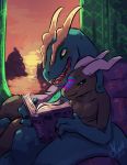  2018 anthro blush book bzez cuddling dinosaur female fluxom horn kobold reading scalie sek 