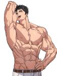 1boy abs bara black_hair blue_eyes cowboy_shot domo_(domo_kizusuki) hand_on_own_hip highres kokado_shido_(domo) large_pectorals licking_own_arm looking_at_viewer male_focus muscular muscular_male navel nipples original pectorals short_hair shredded_muscles sideburns simple_background smile solo thick_eyebrows tongue tongue_out topless_male veins veiny_arms white_background 