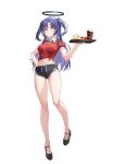  artist_request black_footwear blue_archive breasts collared_shirt fast_food food french_fries full_body gym_shorts halo highres mechanical_halo medium_breasts medium_hair navel official_alternate_costume official_art promotional_art purple_eyes purple_hair red_shirt shirt short_shorts short_sleeves shorts simple_background soda thick_thighs thighs tied_shirt triangle_hair_ornament twintails waitress white_background yuuka_(blue_archive) 