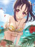  1girl absurdres beach bikini blue_sky blush breasts cleavage cloud cloudy_sky collarbone commentary highres kazuno_sarah kyaku_tasu large_breasts long_hair looking_at_viewer love_live! love_live!_sunshine!! mouth_hold pink_eyes purple_hair side_ponytail sidelocks signature sky solo swimsuit upper_body 