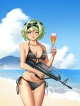  absurdres assault_rifle battlefield_(series) battlefield_3 beach bikini black_bikini bullpup cocktail dark_skin girls&#039;_frontline green_eyes green_hair gun highres iranian_flag kh2002 kh2002_(girls&#039;_frontline) non-web_source rifle short_hair swimsuit weapon 