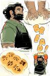  1boy apron arm_hair arms_up beard beard_over_mouth black_apron black_eyes black_hair bread chilchuck_tims closed_mouth collared_shirt cropped_torso deformed dough dungeon_meshi dwarf english_commentary english_text facial_hair falin_touden food green_shirt hand_hair highres izutsumi kneading_dough laios_touden looking_to_the_side male_focus marcille_donato multiple_views objectification oven_mitts robodumpling senshi_(dungeon_meshi) shirt short_hair short_sleeves simple_background white_background 