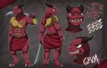  absurd_res anthro brown_eyes clothed clothing dragon hi_res horn male melee_weapon model_sheet muscular muscular_male mythological_creature mythological_scalie mythology rear_view red_body scalie solo sword teeth weapon zak_hitsuji 