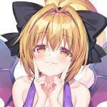  1girl black_bow blonde_hair blush bow breasts bucchake_(asami) cleavage collarbone commentary_request demon_girl demon_wings fang finger_to_cheek hair_bow hair_intakes halter_shirt halterneck hands_on_own_face long_hair looking_at_viewer mako_(bucchake_(asami)) multicolored_hair orange_eyes original parted_bangs pink_hair ponytail purple_shirt shirt simple_background sleeveless sleeveless_shirt solo streaked_hair upper_body white_background wings 