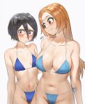  2girls alternate_costume bikini black_hair bleach breasts brown_eyes hair_between_eyes highres inoue_orihime kuchiki_rukia large_breasts multiple_girls navel orange_hair photo-referenced purple_eyes simple_background small_breasts swimsuit waligner white_background 