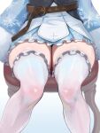  1girl belt blue_coat blue_skirt chair close-up coat dalcom frilled_skirt frilled_thighhighs frills gradient_background highres hololive on_chair sitting skirt snowflake_print solo thigh_focus thighhighs thighs virtual_youtuber white_thighhighs yukihana_lamy yukihana_lamy_(1st_costume) 