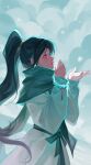  1girl black_bow black_hair bow brown_eyes cloud earrings green_scarf highres jacket jewelry long_hair looking_up open_hand parted_lips sage_(valorant) scarf snowing solo valorant very_long_hair wan_wan white_jacket 