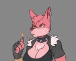  4_fingers animated anthro big_breasts breasts canine chelodoy chest_tuft choker cigarette cleavage clothed clothing dog ear_piercing female fingerless_gloves gloves grey_background hi_res huge_breasts junebelle_jett looking_at_viewer mammal match piercing simple_background smoking solo tuft 